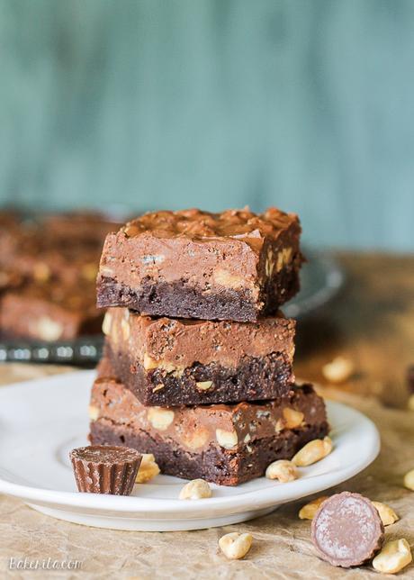 These Peanut Butter Crunch Brownies are a fudge brownie topped with peanuts, peanut butter cups, and a chocolate peanut butter Rice Krispie ganache. These are for the chocolate peanut butter lovers!