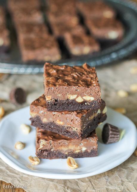 These Peanut Butter Crunch Brownies are a fudge brownie topped with peanuts, peanut butter cups, and a chocolate peanut butter Rice Krispie ganache. These are for the chocolate peanut butter lovers!