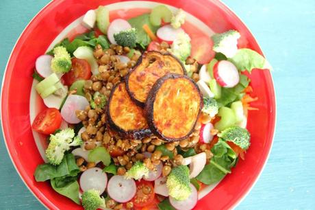 Chili BBQ Aubergine with Mustard Lentils and Salad