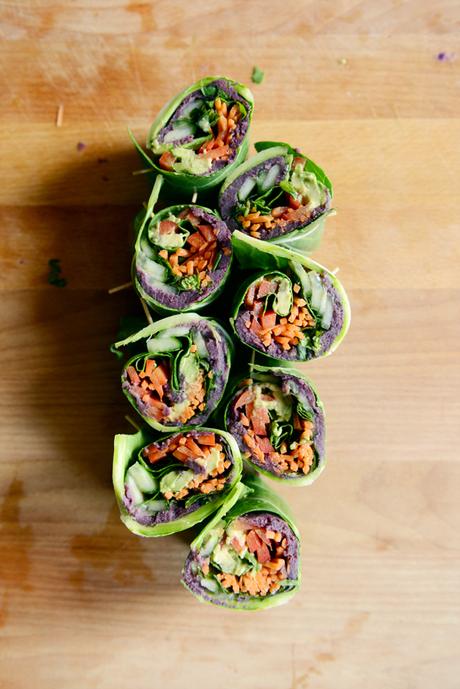 Collard Spring Rolls with Roasted Purple Sweet Potatoes // www.WithTheGrains.com