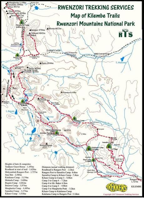 Rwenzori trekking: how to hike Margherita. Rwenzori Trekking Services Kilembe Trails map Uganda