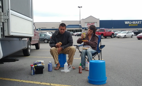 Us, being carefree while making sandwiches in front of Wal-Mart.