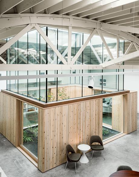 Portland renovated warehouse living areas central atrium. 