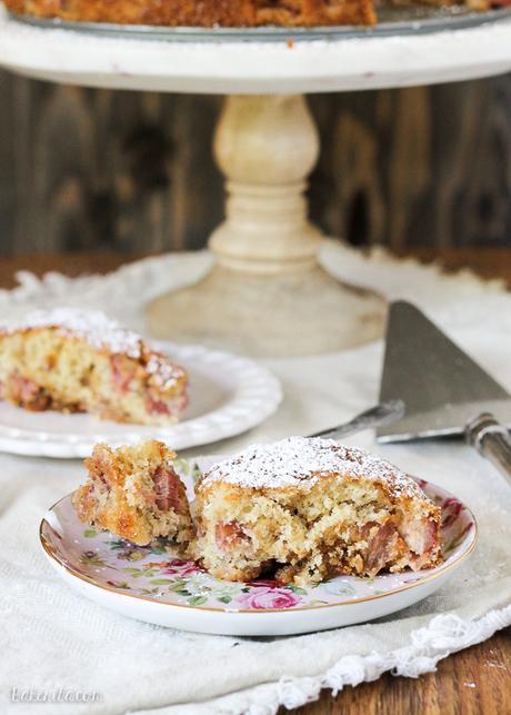 This Caramel Rhubarb Cake is a light and tender cake with fresh diced rhubarb and a generous swirl of caramel. This is a quick and easy dessert you won't want to miss!