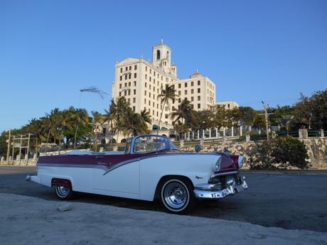 A classic American car outside the National Hotel, Havana, Cuba.
