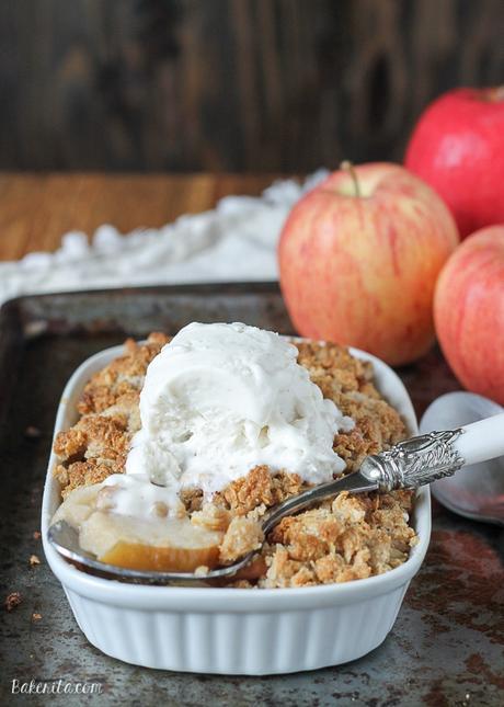 This Small Serving Apple Crisp is the perfect guiltless indulgence for when you don't need an entire pan of apple crisp in the kitchen! It's gluten free, refined sugar free, and vegan.