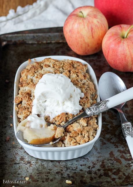 This Small Serving Apple Crisp is the perfect guiltless indulgence for when you don't need an entire pan of apple crisp in the kitchen! It's gluten free, refined sugar free, and vegan.