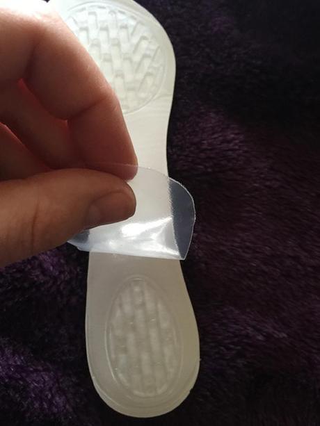 Make sure you take off the plastic backing to allow you to stick the party feet gel inserts into your shoe of choice. This way they won't move once you have put them in the perfect spot.