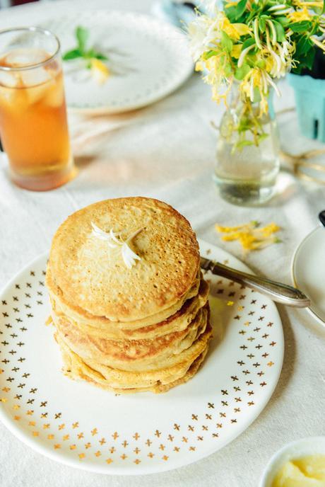 Pancakes with Honeysuckle Infused Butter & Maple Syrup  // www.WithTheGrains.com