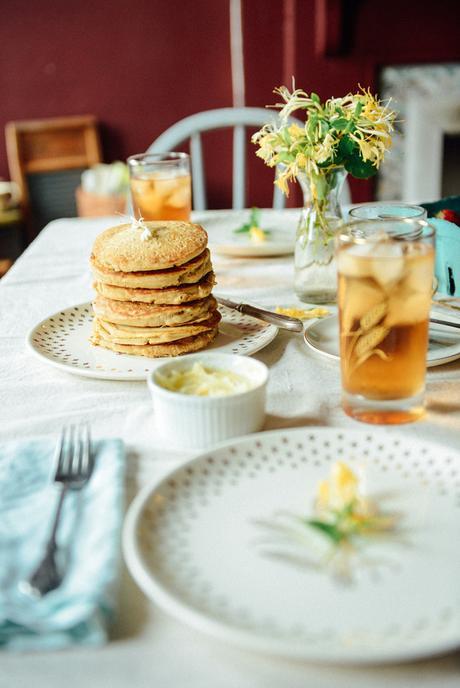 Pancakes with Honeysuckle Infused Butter & Maple Syrup  // www.WithTheGrains.com