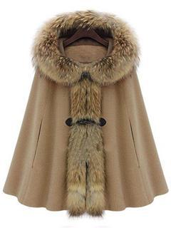 Elegant Fur Collar Hooded Cape Style Overcoat