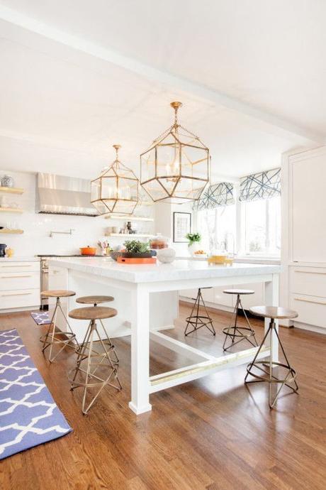 VC Lighting.  White and brass kitchen, Love the valances too. Eat in kitchen island design