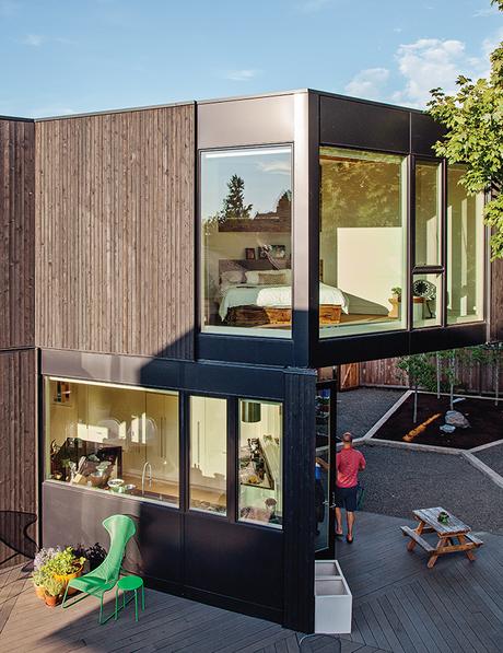 Modern prefab modular and triangular home by HOMB in Portland master bedroom facade