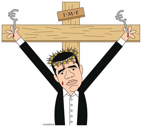 The Cross © Cristina Sampaio,CagleCartoons.com,tsipras, euro crisis, greece, cross, crucifixion, imf, euro