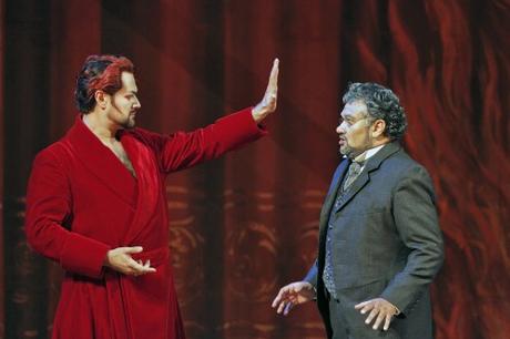 Mefistofele (Ildar Abdrazakov) posing his bargain to Faust (Ramon Vargas), in San Francisco's 2013 staging