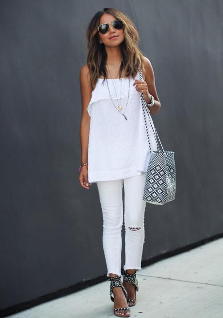 White top, white distressed jeans, sandals via Brit.co