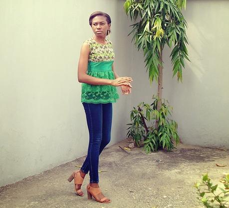 Green Ankara and Lace Top