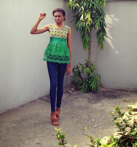 Green Ankara and Lace Top