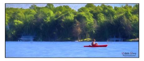 Lake Rosseau, Ontario, Muskoka, lake, canoe, trees, man reading in canoe, digital painting
