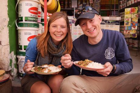 Only one dollar for this delicious street meal of potatoes, rice, and meat!