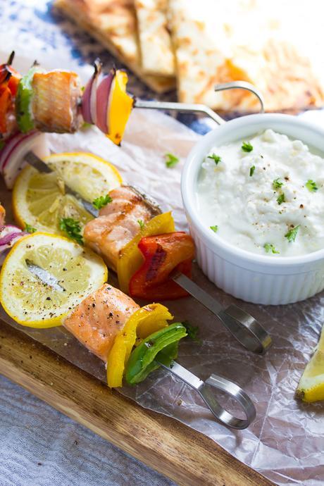 Salmon Souvlaki Skewers with Feta Yogurt Sauce Salmon Souvlaki Skewers with Yogurt-Feta Sauce | sweetpeasandsaffron.com @sweetpeasaffron