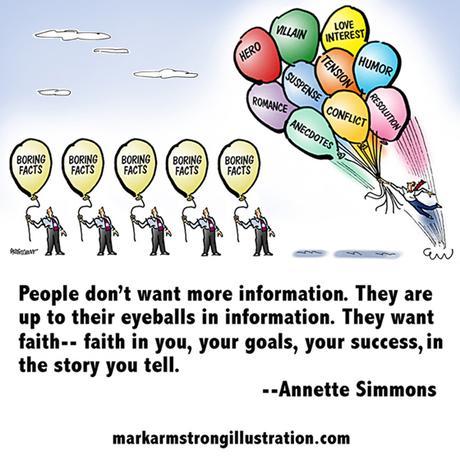 Man with balloons soaring skyward, storytelling better marketing than boring facts, people want faith, Annette Simmons quote