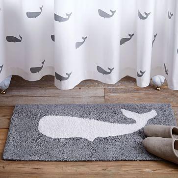 New Curtain and Rug is adorable and livens up my bathroom!  Whale Bath Mat and shower curtain #westelm