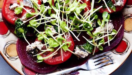 Beetroot Tomato Sprouts and Sardines Salad with Mint and Lemon Dressing