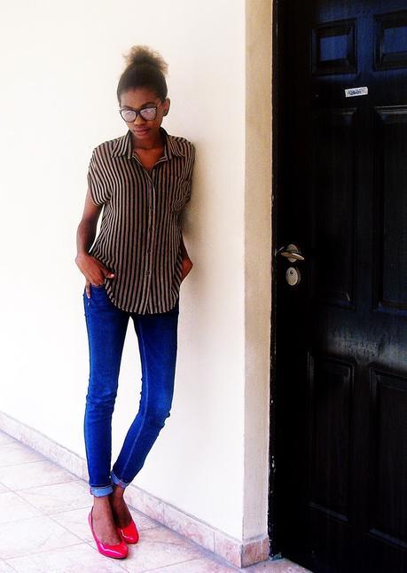 Brown stripes and Red Shoes Brown stripes and Red Shoes