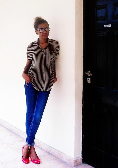 Brown stripes and Red Shoes