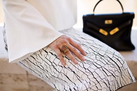balenciaga cracked skirt, keepsake little faith top, hermes kelly bag, style of sam, vita fede futuro ring
