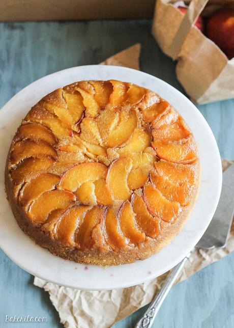 This unique Peach Cornmeal Upside Down Cake uses juicy, fresh summer peaches baked with a soft, moist cornmeal cake. It's perfect served with a little whipped cream and coffee!