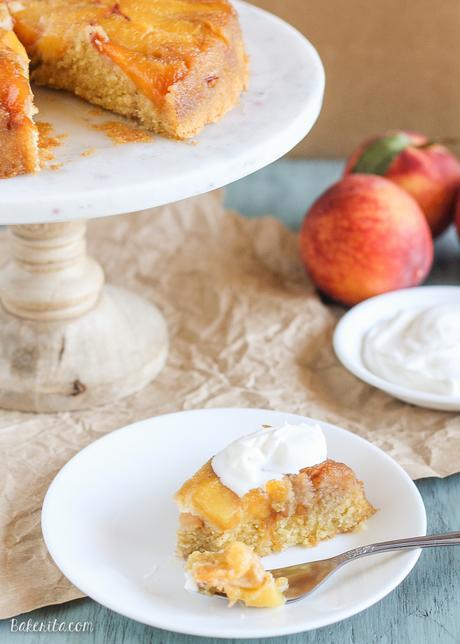 This unique Peach Cornmeal Upside Down Cake uses juicy, fresh summer peaches baked with a soft, moist cornmeal cake. It's perfect served with a little whipped cream and coffee!