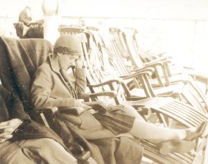 Ava Helen Pauling, reading en route to Europe, 1926.