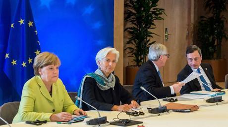 Germany and the Troika: (left to right) German Chancellor Angela Merkel, IMF Managing Director Christine Lagarde, European Commission President Jean-Claude Juncker, European Central Bank President Mario Draghi