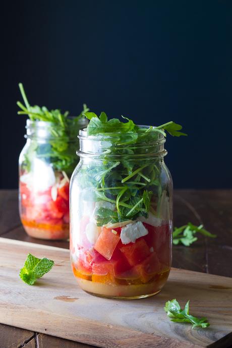 Watermelon, Feta and Arugula Mason Jar Salads | sweetpeasandsaffron.com @sweetpeasaffron