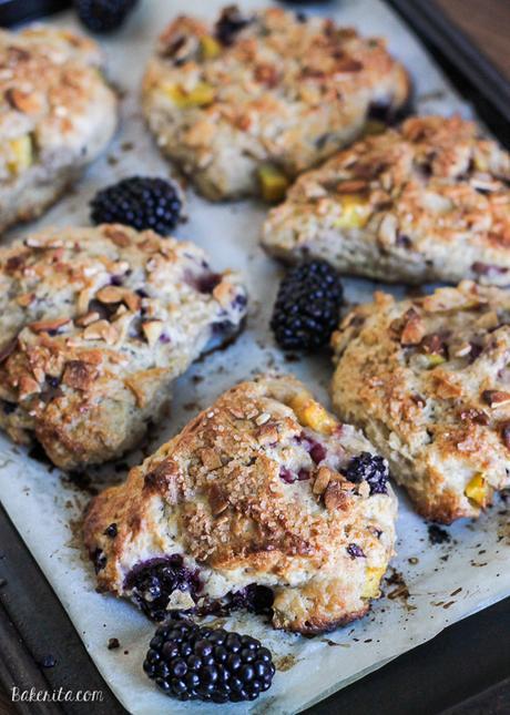 Blackberry Peach Scones combine two delicious summer fruits in a light, flaky scone that's perfect for breakfast or as a snack.