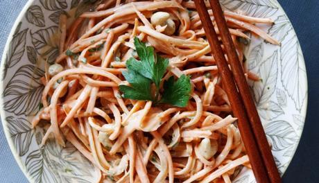 Raw Carrot Pasta with Ginger Lime Peanut Sauce