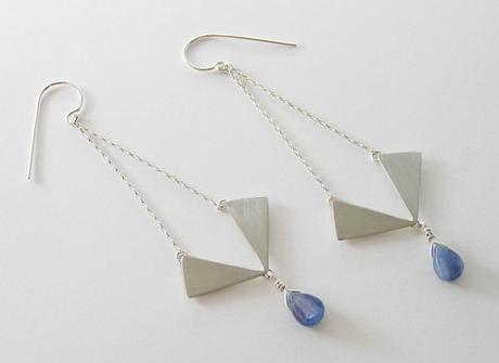 Geometric Dangle Earrings - Long Triangle Chandelier Earrings - Sterling Silver with Blue Kyanite Drops