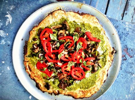 Swiss Chard Pesto & Mushroom Pizza on Cauliflower Crust|REPOST