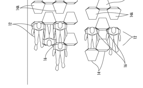 To take better advantage of space on an airplane, this patent arranges passengers in a hexagonal pattern.