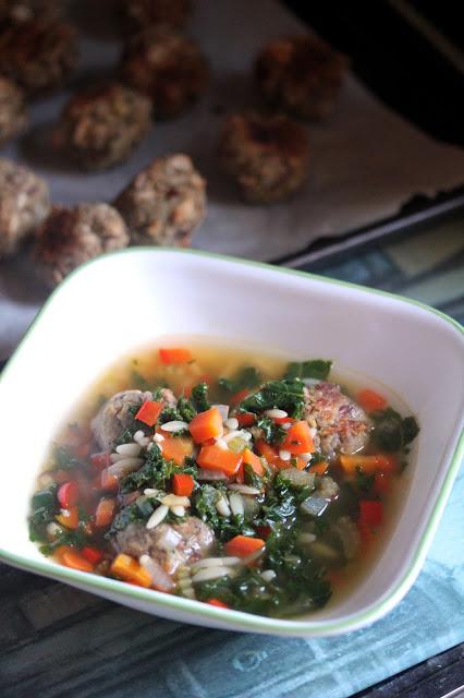 Kale and Orzo Soup with White Beanballs