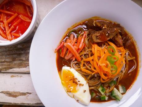 mul naengmyun: korean cold buckwheat noodle soup with beef