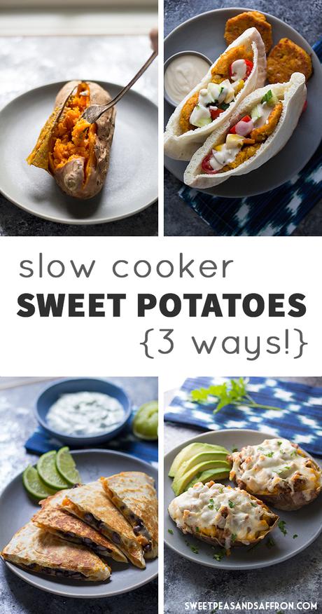 Slow Cooker Sweet Potatoes 3 Ways: Twice Baked, Falafels & Quesadillas! sweetpeasandsaffron.com @sweetpeasaffron
