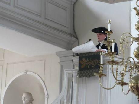Dramatic July 4 reading of Declaration of Independence in the Old North Church, complete with plug for gift shop. 