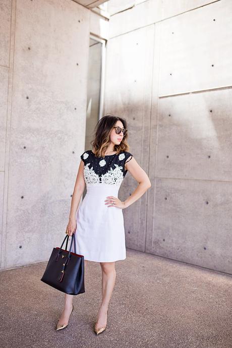 from grandma with love, black and white applique dress, gold valentino pumps, prada double bag, lob haircut with ombre hightlights, ladylike outfit