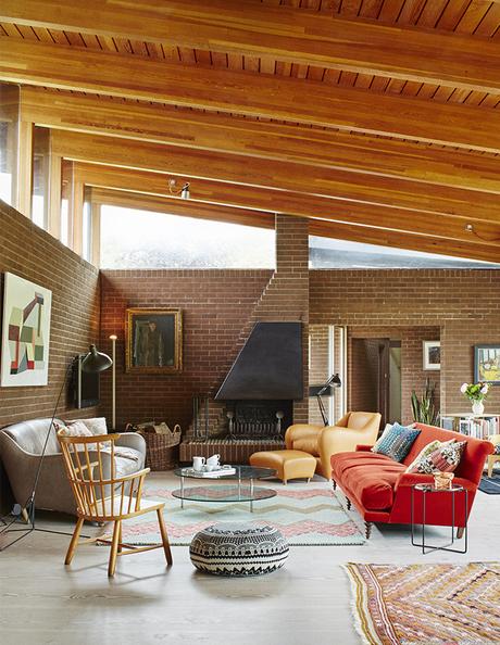 Living room with a sloped ceiling in the English countryside