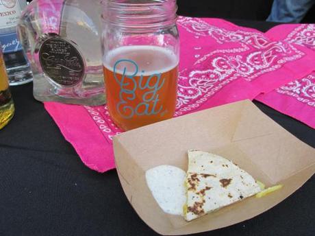 Goat cheese quesadilla with mango, pickled red onion, fresh jalapeno and green chile crema from El Camino Community Tavern. With Great Divide's 21st Anniversary American Sour Ale.