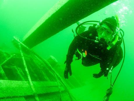 adventures in diving a sunken Canadian Pacific Railway Barge in Okanagan Lake, British Columbia, Canada