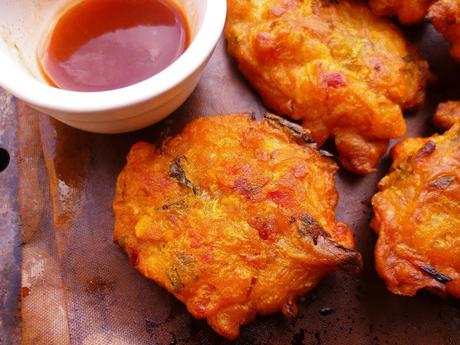 malaysian crispy prawn fritters (cucur udang) with a sweet chilli dipping sauce